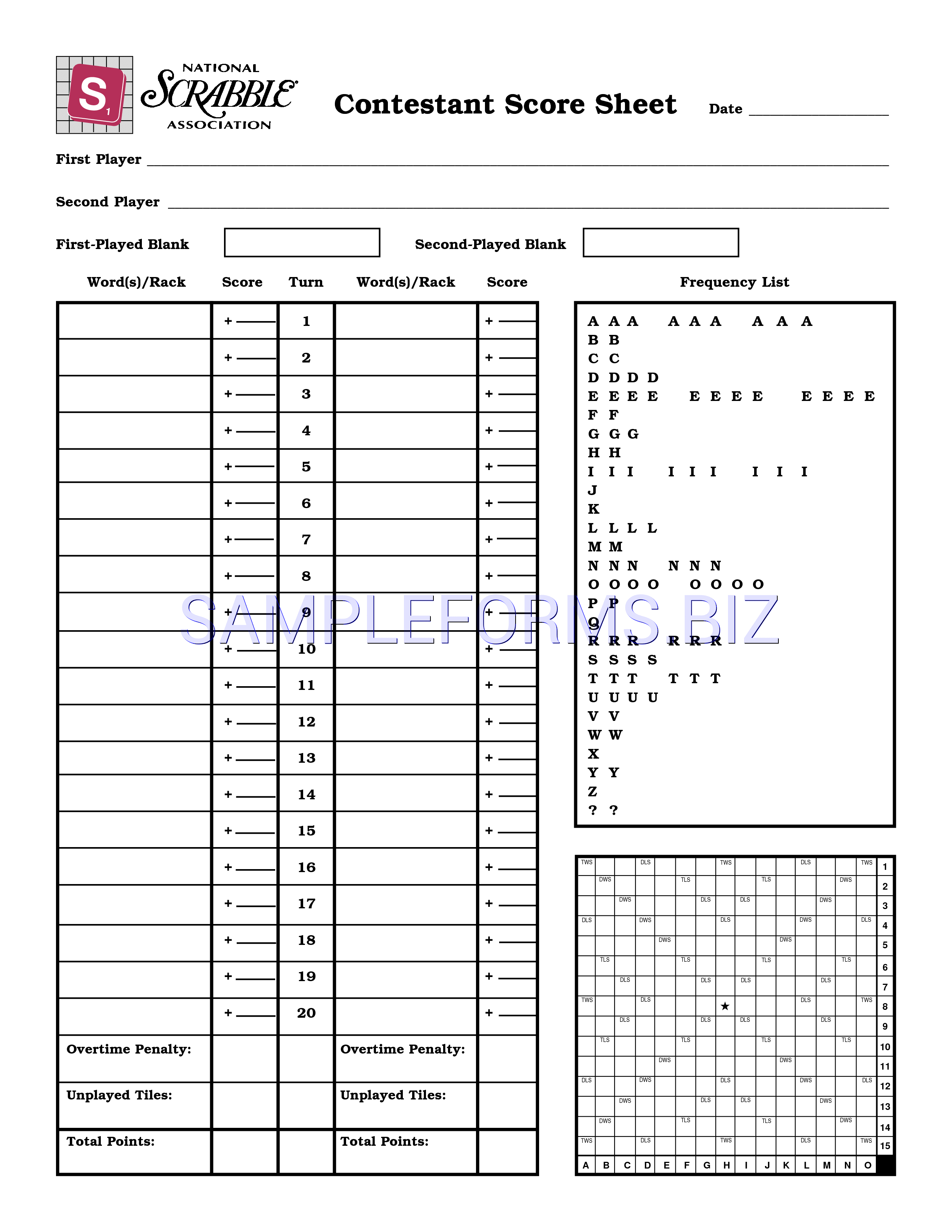Preview free downloadable Scrabble Score Sheet 1 in PDF (page 1)